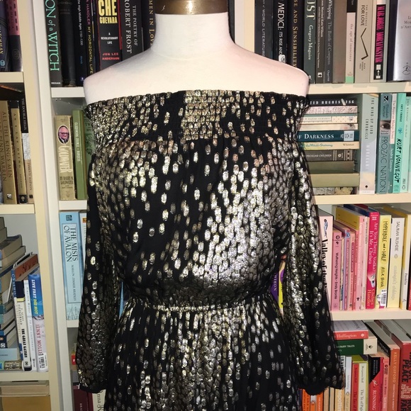 Shoshanna Midnight Collection Black Gold Off Shoulder Maxi Dress - Picture 3 of 11